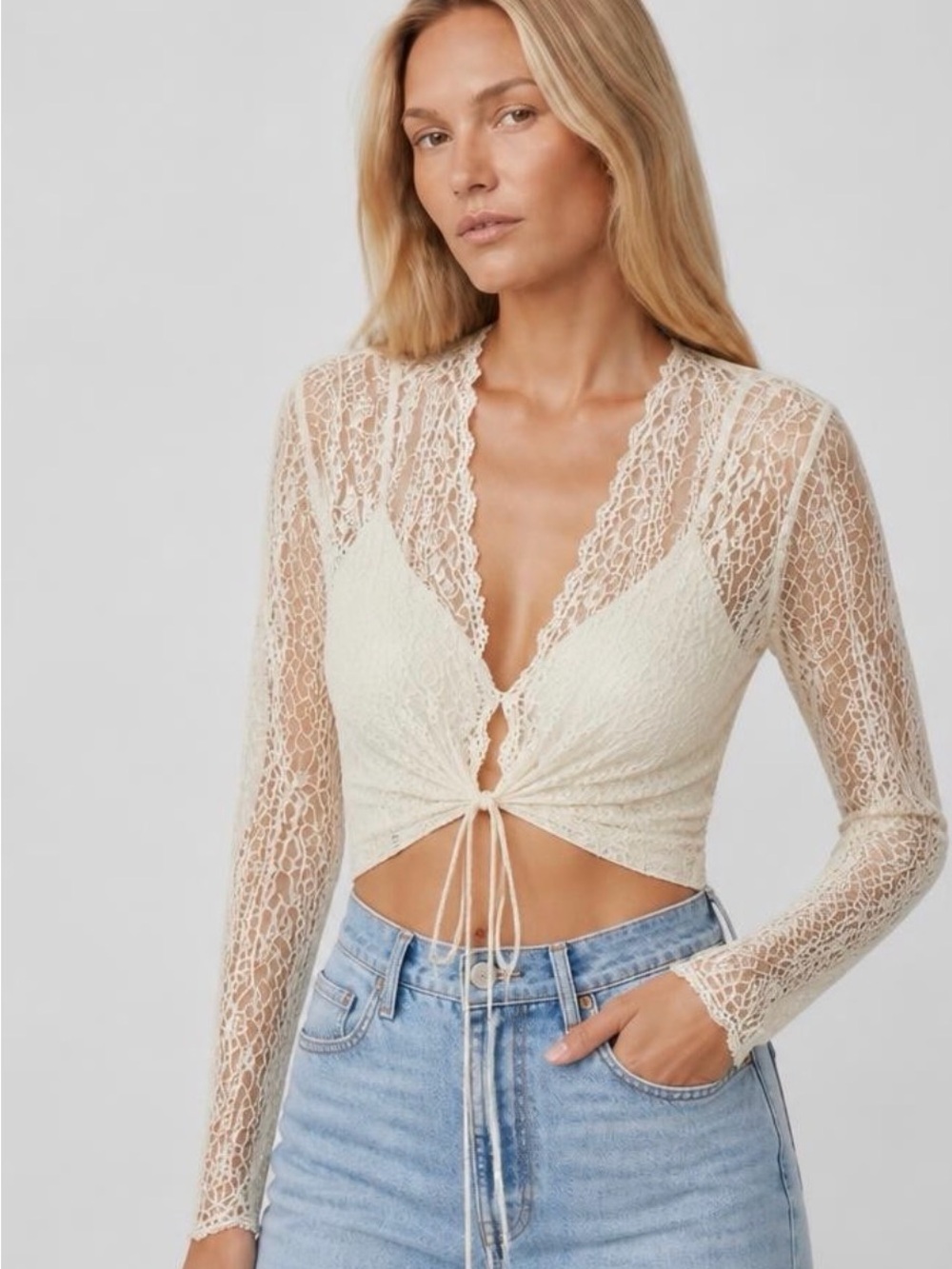 Trafalgar Ivory Lace Tie-Front Crop Top cardigan